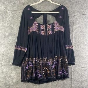 Free People Dress XS Black Purple Embroidered Long Sleeve Mini Rhiannon